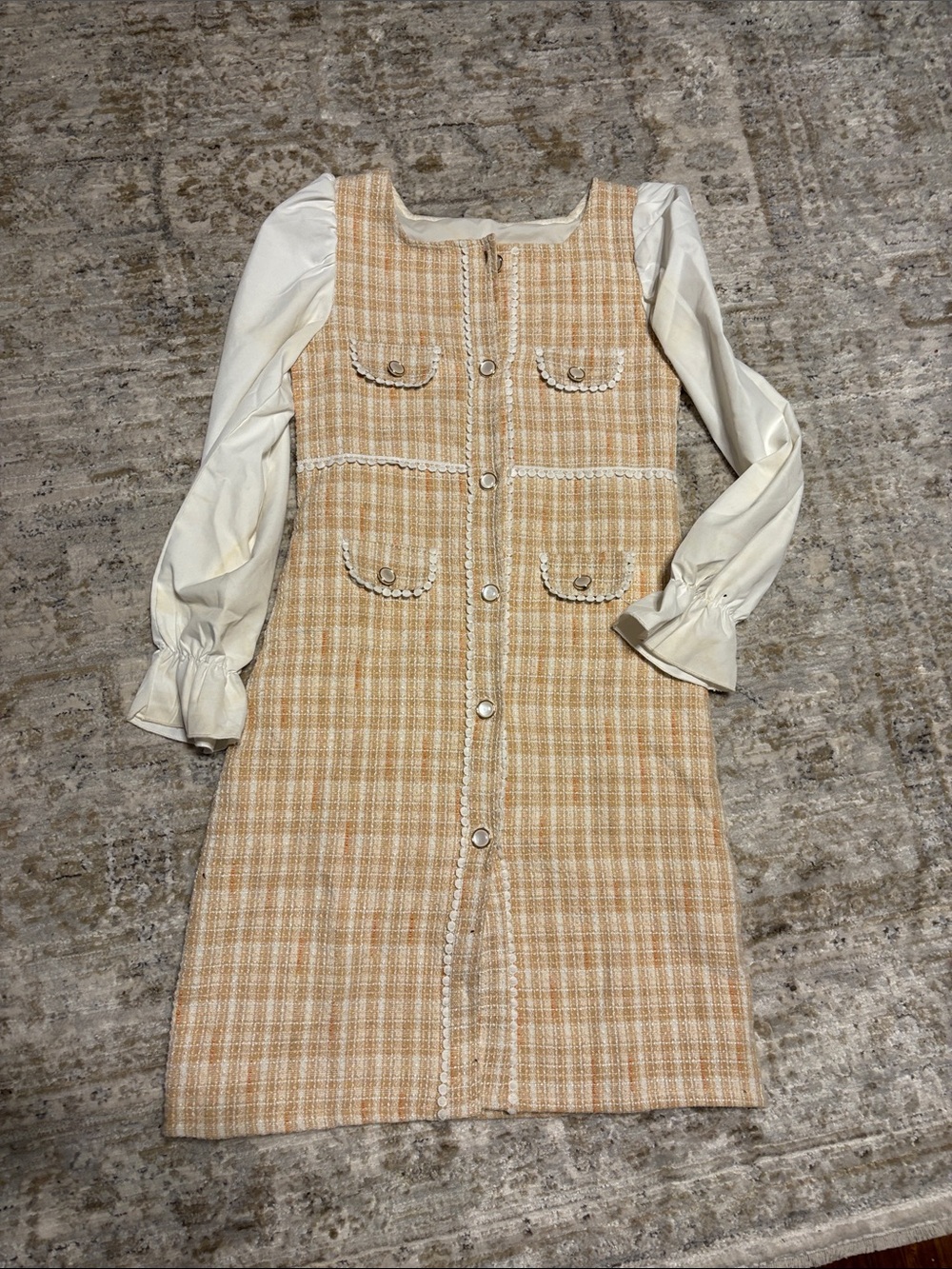 Cream and Peach Tweed Button-Front long sleeve Dress